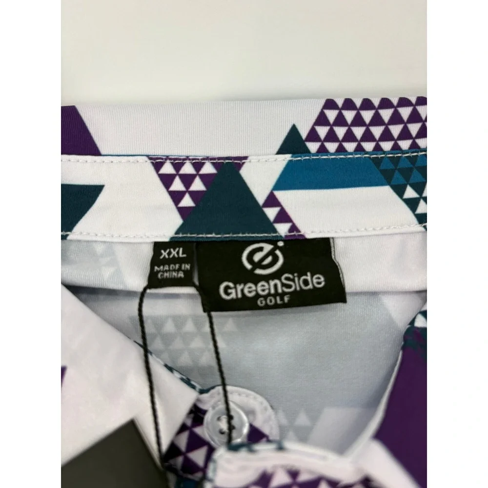 GreenSide Golf Polo Mens XXL Shirt White Purple Teal Geometric Triangle Print